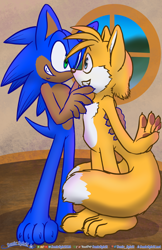Size: 792x1224 | Tagged: safe, artist:sonicspirit128, miles "tails" prower, sonic the hedgehog, 2022, abstract background, barefoot, claws, duo, gay, gloves off, holding them, indoors, looking at each other, pawpads, paws, shipping, smile, sonic x tails, window