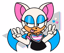 Size: 2048x1704 | Tagged: safe, artist:cungleart, rouge the bat, abstract background, cute, double v sign, heart, limited palette, looking offscreen, rougabetes, smile, solo, tongue out, trans female, trans pride, transgender, v sign