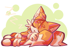 Size: 2048x1463 | Tagged: safe, artist:tailsnumber1fan, miles "tails" prower, :<, abstract background, beanbrows, cute, ear fluff, eyebrow clipping through hair, eyes closed, frown, lying on side, redraw, sleeping, solo, tail pillow, tailabetes