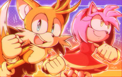Size: 2048x1293 | Tagged: safe, artist:just_icyyy, amy rose, miles "tails" prower, sonic dream team, abstract background, duo, smile, sparkles