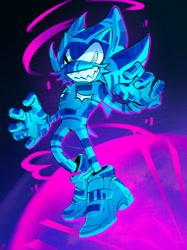 Size: 1535x2048 | Tagged: safe, artist:tropical-hedgehog, sonic the hedgehog, abstract background, cheek fluff, chest fluff, cyber form, cyber sonic, flying, smile, soap shoes, solo, top surgery scars, trans male, transgender