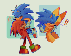 Size: 1418x1117 | Tagged: safe, artist:clumxy, knuckles the echidna, miles "tails" prower, sonic the hedgehog, abstract background, cute, exclamation mark, eyes closed, hugging, smile, surprise hug, team sonic, trio