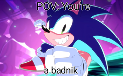 Size: 2048x1280 | Tagged: safe, editor:kittygamer2888, sonic the hedgehog, sonic dream team, 2023, caption, edit, english text, looking at viewer, meme, screenshot, smile, solo, this will end in pain