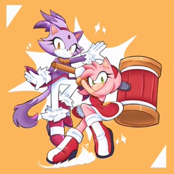 Size: 2091x2086 | Tagged: safe, artist:beeames, amy rose, blaze the cat, cat, hedgehog, 2020, amy x blaze, amy's halterneck dress, blaze's tailcoat, cute, female, females only, lesbian, looking at viewer, piko piko hammer, shipping, sparkles
