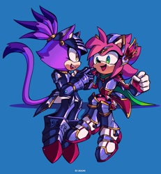 Size: 1894x2048 | Tagged: safe, artist:hlanecs, amy rose, blaze the cat, cat, hedgehog, sonic and the black knight, 2023, amy x blaze, cute, female, females only, knight armor, lesbian, looking at each other, shipping, sir percival