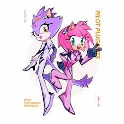 Size: 3000x3000 | Tagged: safe, artist:miijiu, amy rose, blaze the cat, cat, hedgehog, 2020, amy x blaze, crossover, cute, female, females only, lesbian, looking at viewer, mouth open, neon genesis evangelion, peace sign, shipping