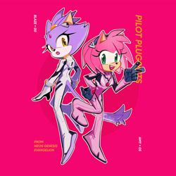 Size: 3000x3000 | Tagged: safe, artist:miijiu, amy rose, blaze the cat, cat, hedgehog, 2020, alternate version, amy x blaze, crossover, cute, female, females only, lesbian, looking at viewer, mouth open, neon genesis evangelion, peace sign, shipping
