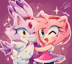 Size: 1377x1242 | Tagged: safe, artist:sonicaimblu19, amy rose, blaze the cat, cat, hedgehog, 2019, amy x blaze, blushing, cute, female, females only, hand on cheek, lesbian, looking at viewer, mario & sonic at the olympic games, mouth open, one eye closed, shipping, sparkles