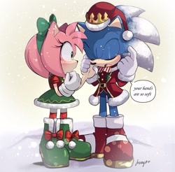 Size: 2048x2017 | Tagged: safe, artist:steffyrose, amy rose, sonic the hedgehog, amy x sonic, christmas, christmas outfit, shipping, signature, snow, straight