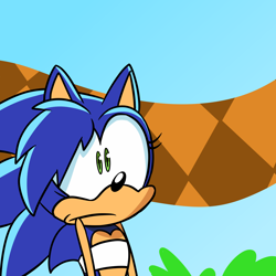 Size: 1736x1736 | Tagged: safe, artist:soggycereal, sonic the hedgehog, 2019, :|, abstract background, gender swap, hair over one eye, outdoors, solo, wide eyes