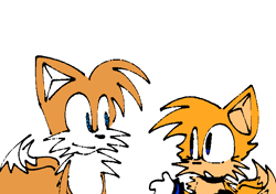 Size: 682x479 | Tagged: safe, artist:theeighteleven, miles "tails" prower, :o, alternate universe, au:quaddrive, duo, female, looking at each other, male, mouth open, self paradox, simple background, smile, standing, white background