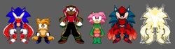 Size: 1080x307 | Tagged: safe, artist:theeighteleven, amy rose, knuckles the echidna, miles "tails" prower, sonic the hedgehog, alternate universe, au:quaddrive, female, gender swap, grey background, group, male, simple background, standing, super form, super terios, terios the hedgehog