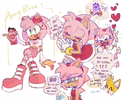 Size: 2436x2000 | Tagged: safe, artist:kai_sh1, amy rose, blaze the cat, miles "tails" prower, cat, fox, hedgehog, 2023, alternate version, amy x blaze, amy's halterneck dress, blaze's tailcoat, cute, english text, eyes closed, female, hearts, lesbian, male, mouth open, shipping