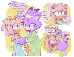 Size: 2540x1968 | Tagged: safe, artist:kai_sh1, amy rose, blaze the cat, cat, hedgehog, 2023, amy x blaze, blushing, cute, english text, eyes closed, female, females only, lesbian, looking at each other, mouth open, shipping