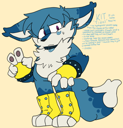 Size: 1818x1896 | Tagged: safe, artist:extremesmarts, kit the fennec, character name, choker, claws, fingerless gloves, frown, gay, headcanon, looking at viewer, nickname, older, pawpads, pronouns, simple background, solo, standing, sweatdrop, toeless shoes, v sign, yellow background