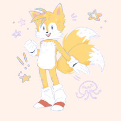 Size: 1280x1280 | Tagged: safe, artist:astrommonplanet, miles "tails" prower, exclamation mark, leg warmers, looking at viewer, mouth open, simple background, smile, solo, standing, star (symbol)