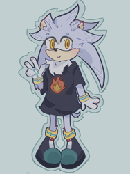 Size: 1536x2048 | Tagged: safe, artist:plush-railey, silver the hedgehog, cute, green background, looking at viewer, neck fluff, outline, oversized, shirt, silvabetes, simple background, smile, solo, standing, v sign