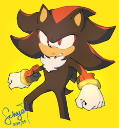 Size: 1897x2048 | Tagged: safe, artist:mashirodayo, shadow the hedgehog, clenched fists, clenched teeth, looking ahead, signature, simple background, solo, yellow background