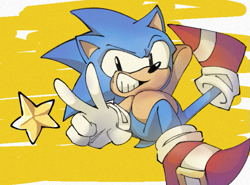 Size: 643x476 | Tagged: safe, artist:mashirodayo, sonic the hedgehog, abstract background, classic sonic, hand behind head, looking at viewer, mid-air, smile, solo, star (symbol), v sign