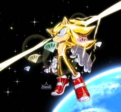 Size: 1215x1116 | Tagged: safe, artist:menacing_marsh, sonic the hedgehog, super sonic, abstract background, flying, outer space, planet, signature, solo, sparkles, star (sky), super form