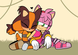 Size: 1280x905 | Tagged: safe, artist:milkandjuice, amy rose, sticks the badger, abstract background, duo, heart, holding them, lesbian, looking at them, looking back at them, signature, sticksamy, tail wagging