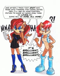 Size: 1636x2064 | Tagged: safe, artist:aj-illustrated, sally acorn, dialogue, duo, english text, implied shipping, implied sonic, little black dress, sally's vest and boots, self paradox, thigh high boots