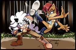 Size: 3653x2406 | Tagged: safe, artist:unhinged_honey, lanolin the sheep, sally acorn, duo, fight, sally's vest and boots