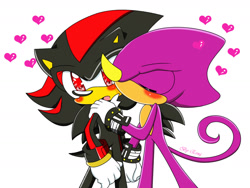 Size: 1280x960 | Tagged: safe, artist:misterhyeon-in, espio the chameleon, shadow the hedgehog, 2012, blushing, cute, duo, espibetes, eyes closed, gay, heart, holding hands, holding them, kiss on cheek, looking at them, male, males only, shadowbetes, shadpio, shipping, signature, simple background, sonic x style, standing, white background