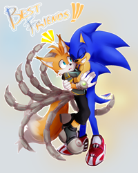 Size: 1457x1821 | Tagged: safe, artist:30909artiscl, miles "tails" prower, nine, sonic the hedgehog, sonic prime, 2022, brown tipped ears, clenched teeth, duo, english text, exclamation mark, eyes closed, forced, happy, holding them, hugging, looking at them, male, males only, mouth open, nine tails, smile, standing, surprised