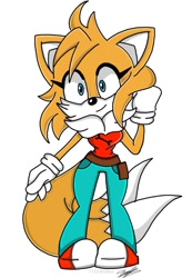 Size: 767x1110 | Tagged: safe, artist:thebaconator24, miles "tails" prower, oc, oc:tailsko (tasp), 2021, chest fluff, clenched fist, eyelashes, female, gender swap, looking offscreen, signature, simple background, smile, solo, standing, white background