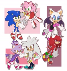 Size: 2060x2200 | Tagged: safe, artist:kumoggu, amy rose, blaze the cat, knuckles the echidna, rouge the bat, silver the hedgehog, sonic the hedgehog, amy x sonic, group, kunxouge, shipping, silvaze, straight