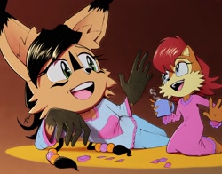 Size: 2048x1609 | Tagged: safe, artist:timcampbe, nicole the hololynx, sally acorn, duo, pajamas, talking