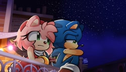 Size: 980x562 | Tagged: safe, artist:just_marcyart, amy rose, sonic the hedgehog, balcony, duo, nighttime