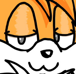 Size: 2408x2351 | Tagged: safe, artist:taeko, miles "tails" prower, 2023, :3, classic tails, close-up, lidded eyes, looking at viewer, reaction image, smile, solo, this won't end well