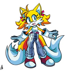 Size: 1200x1200 | Tagged: safe, artist:marcoha, miles "tails" prower, fox, 2022, arms out, eyelashes, female, gender swap, looking offscreen, modern tails, mouth open, pants, ponytails, ribbons, signature, simple background, sleeveless shirt, solo, standing, white background