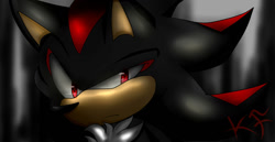 Size: 1024x527 | Tagged: safe, artist:kawaifairies, shadow the hedgehog, 2018, abstract background, chest fluff, frown, looking offscreen, male, signature, solo