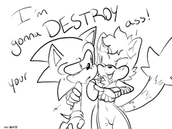 Size: 2048x1536 | Tagged: suggestive, artist:beatz_nsfw, sonic the hedgehog, tangle the lemur, 2021, arm around shoulders, black and white, blushing, bulge, confused, dialogue, duo, english text, eye twitch, female, fwo, fwo tangle, intersex, intersex female, looking at each other, male, mouth open, pointing, shipping, simple background, sonangle, standing, straight, sweatdrop, this won't end well, white background
