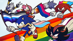 Size: 1920x1080 | Tagged: safe, artist:nikey, amy rose, knuckles the echidna, shadow the hedgehog, sonic the hedgehog, tangle the lemur, 2022, abstract background, asexual pride, clenched fists, demisexual pride, double v sign, female, gliding, group, holding something, lesbian pride, looking at viewer, male, mid-air, pansexual pride, pride, pride cape, pride flag, rainbow, running, smiling, trans pride