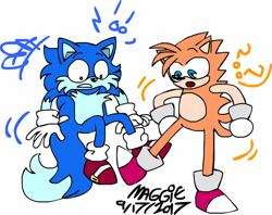 Size: 1024x812 | Tagged: safe, artist:mushroom-cookie-bear, miles "tails" prower, sonic the hedgehog, fox, hedgehog, 2017, clenched teeth, duo, duo male, exclamation mark, flat colors, mid-air, mouth open, question mark, shrunken pupils, signature, simple background, species swap, standing, standing on one leg, surprised, two tails, white background