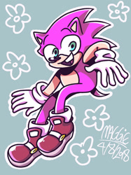 Size: 1024x1366 | Tagged: safe, artist:mushroom-cookie-bear, sonic the hedgehog, oc, oc:sakura sonic, 2018, blue background, color swap, flower, looking at viewer, male, mid-air, mouth open, pink fur, signature, simple background, smiling, solo