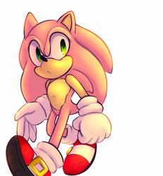 Size: 1024x1110 | Tagged: safe, artist:tobytots, sonic the hedgehog, oc, oc:sakura sonic, hedgehog, 2018, color swap, frown, looking offscreen, male, modern sonic, pink fur, signature, simple background, solo, walking, white background