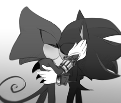 Size: 500x425 | Tagged: safe, artist:icy-cream-24, espio the chameleon, shadow the hedgehog, 2018, blushing, duo, eyes closed, gay, gradient background, greyscale, holding each other, kiss, male, males only, shadpio, shipping, standing
