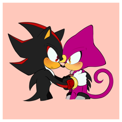 Size: 900x900 | Tagged: safe, artist:miyabinopenguin, espio the chameleon, shadow the hedgehog, 2020, blushing, border, duo, frown, gay, hands on another's shoulders, looking at each other, male, males only, pink background, shadpio, shipping, simple background, standing
