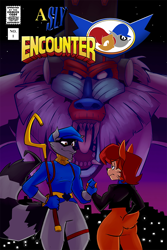 Size: 800x1200 | Tagged: safe, artist:gameboysage, artist:huevosrevueltos, sally acorn, angry, black jacket, cover art, crossover, sly cooper, smile