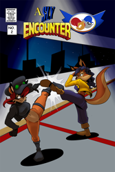 Size: 600x900 | Tagged: safe, artist:gameboysage, artist:huevosrevueltos, sally acorn, angry, boots, carmelita fox, cover art, fight, leg up, legs crossed, sly cooper