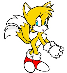 Size: 573x623 | Tagged: safe, artist:bsugrad, miles "tails" prower, 2009, colored version, eyelashes, female, gender swap, hands together, mouth open, simple background, smile, solo, standing, white background