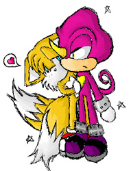 Size: 332x435 | Tagged: safe, artist:cornflakee, espio the chameleon, miles "tails" prower, 2008, blushing, crack shipping, duo, espails, frown, gay, heart, holding them, lidded eyes, looking ahead, looking at them, male, males only, no mouth, simple background, standing, star (symbol), white background