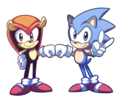 Size: 935x771 | Tagged: safe, artist:vaporotem, mighty the armadillo, sonic the hedgehog, 2011, classic mighty, classic sonic, cute, duo, fistbump, hand on hip, looking at viewer, male, males only, simple background, smile, standing, transparent background, v sign