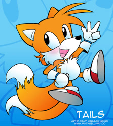 Size: 600x674 | Tagged: safe, artist:marybellamy, miles "tails" prower, 2020, abstract background, blushing, character name, chest fluff, classic tails, clenched fist, deviantart watermark, english text, looking offscreen, mid-air, mouth open, smile, solo, v sign