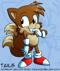 Size: 600x713 | Tagged: safe, artist:marybellamy, miles "tails" prower, adventures of sonic the hedgehog, 2020, abstract background, child, clenched teeth, deviantart watermark, echo background, looking back, looking offscreen, male, smile, solo, standing